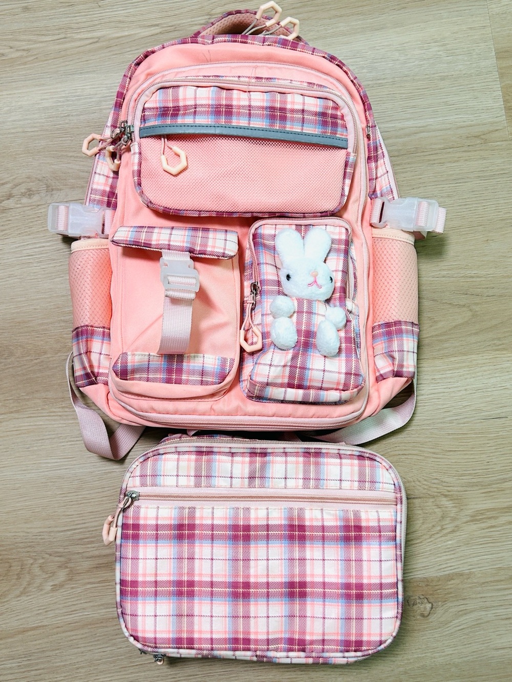 Kids Plaid School Backpack with Bunny Charm-Girls Bunny Backpack with lunchbox